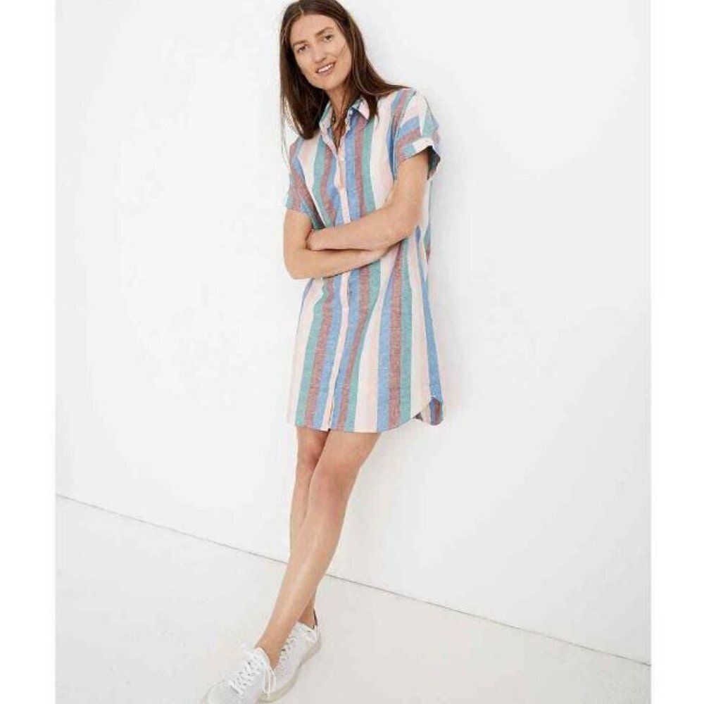 Madewell Size Small Shirt Dress Flagstaff Stripe Pink Blue Linen Blend #L8751